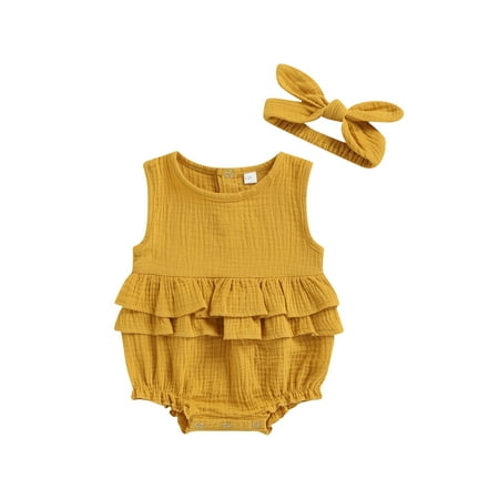 

Suanret Infants Baby Girl Boy Summer 2PCS Romper Sleeveless Plain Pleated Crew Neck Ruffle Snap Bottom Jumpsuit Stretchy Bow Headband Yellow 6-12 Months