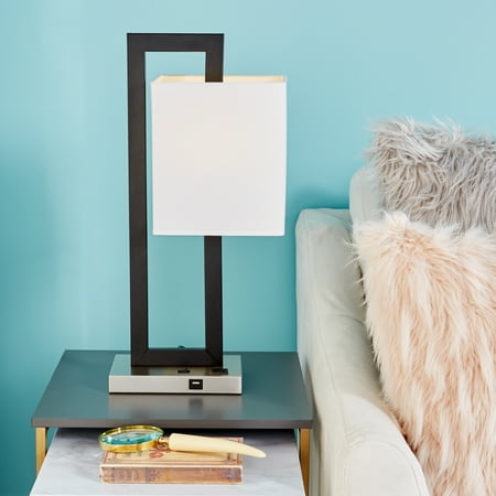 - CosmoLiving Contemporary Style Rectangular Black Metal Table Lamp with Dropped Rectangle Shade, USB Plug & Outlet | 15” x 24”
