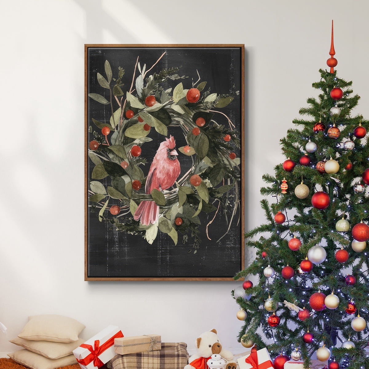 Christmas Cardinal II - Framed Gallery Wrapped Holiday Canvas - 27 x 41 - Rosewood Frame