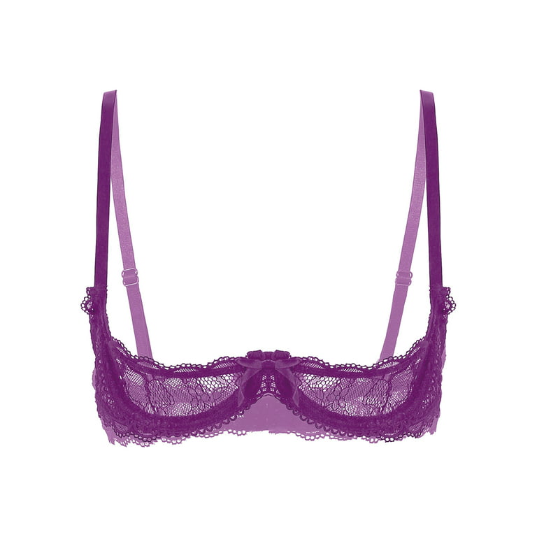 renvena Women's Sheer Lace Lingerie Push Up Underwired Shelf Bra 1/4 Cup  Unlined Bralette Tops Purple M