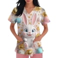 thumbnail image 4 of LTTVQM Easter Scrub Tops Women Rabbits Eggs Print Happy Short Sleeve Shirts Comfortable V Neck Vacation Clothes with Pockets Gold L, 4 of 5