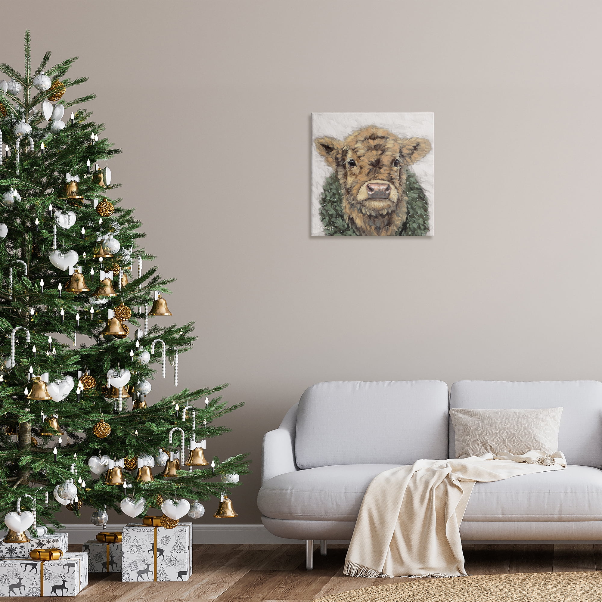 Stupell Industries Calf with Holiday Wreath Holiday Painting Gallery Wrapped Canvas Art Prints Wall Art, 24 x 24