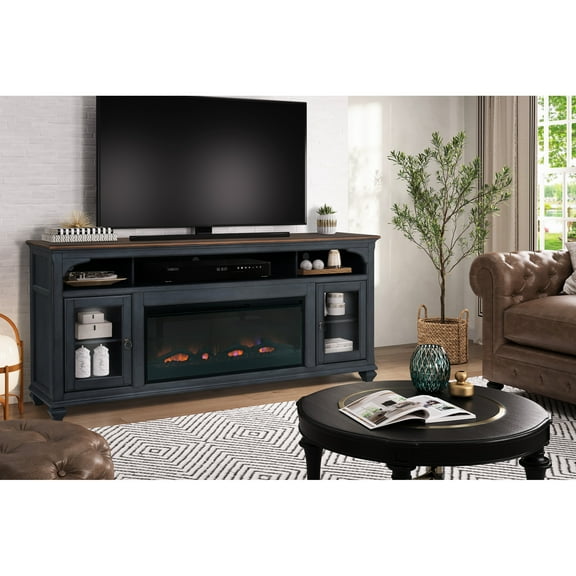 Fireplace Tv Console Table, 86", Corduroy Blue, For 95" Tvs, Efficient Heat Distribution 86" Stand With Fireplace, Blue Look, Fits Tvs Up To 95