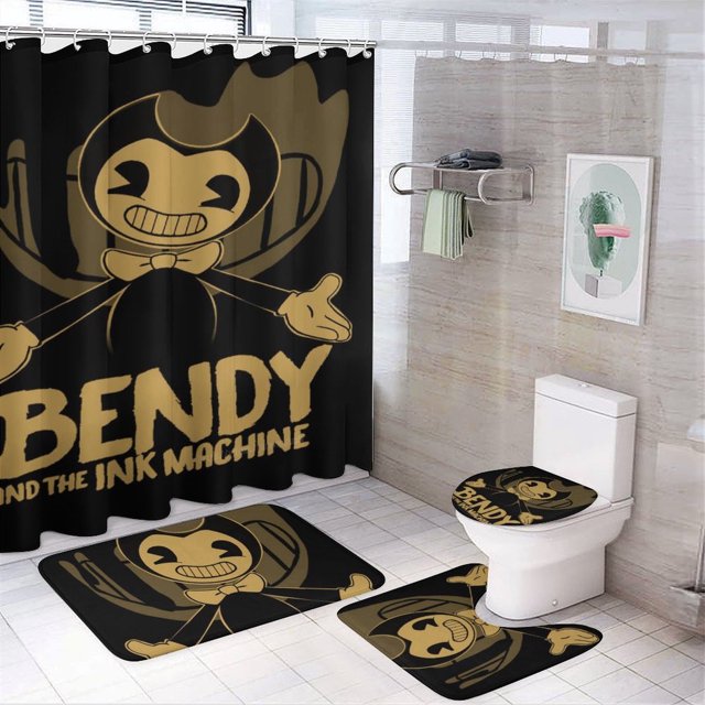 Juego de 4 cortinas de ducha de Bendy And The Ink Machine con alfombrillas antideslizantes, tapa de inodoro y alfombrilla de baño, cortina de ducha impermeable con decoración de dibujos animados para