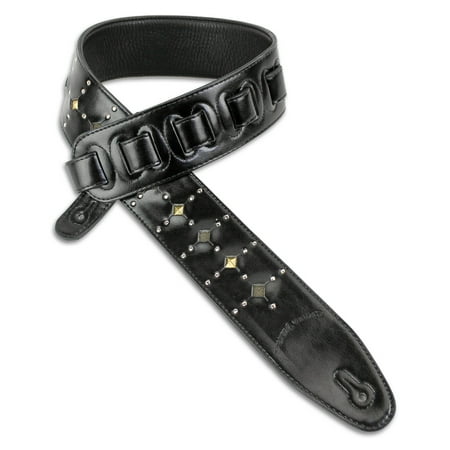 - Walker & Williams GE-221 Black Padded Strap with Inset Brass Studs & Silver Rivets