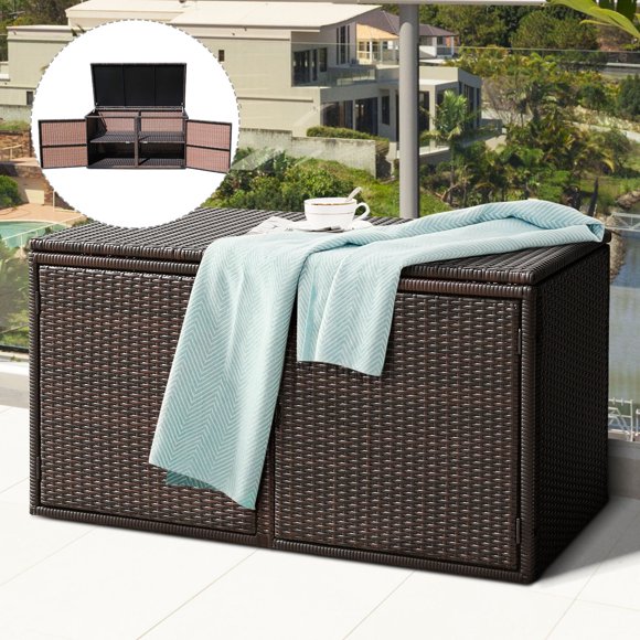 Gymax Coffre de Rangement en Rotin de 73 Gallons pour Patio Extérieur avec Siège et Porte, Brun Mélangé