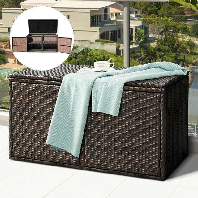 Gymax Coffre de Rangement en Rotin de 73 Gallons pour Patio Extérieur avec Siège et Porte, Brun Mélangé