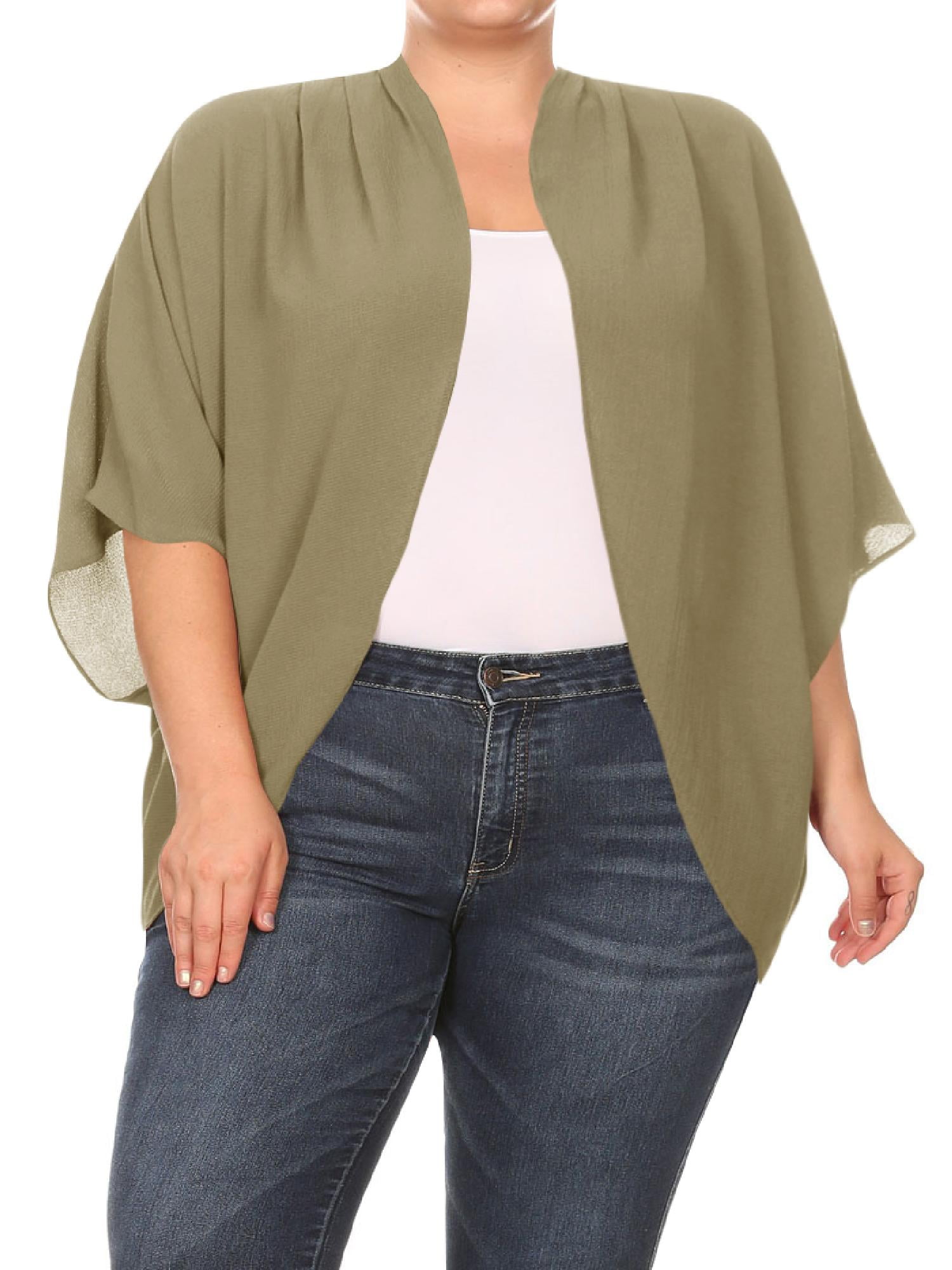 Women's Plus Size Loose Fit 3/4 Sleeves Kimono Style Open Front Solid  Cardigan S-3XL Made in USA