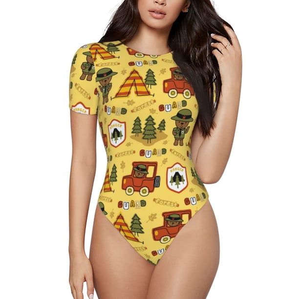 Fotbe Forest Guard Body de Mujer con Cuello Redondo y Mangas Cortas, Sin Mangas Ajustado, Suave, Cómodo y Básico-Large