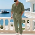thumbnail image 4 of Timoontee Men's Lightweight Summer 2 Piece Set Loose Fit Casual Tracksuits Long Sleeve Button Mock Neck Shirts with Drawstring Pant Sets for Daily & Beach Vacation Army Green L, 4 of 9