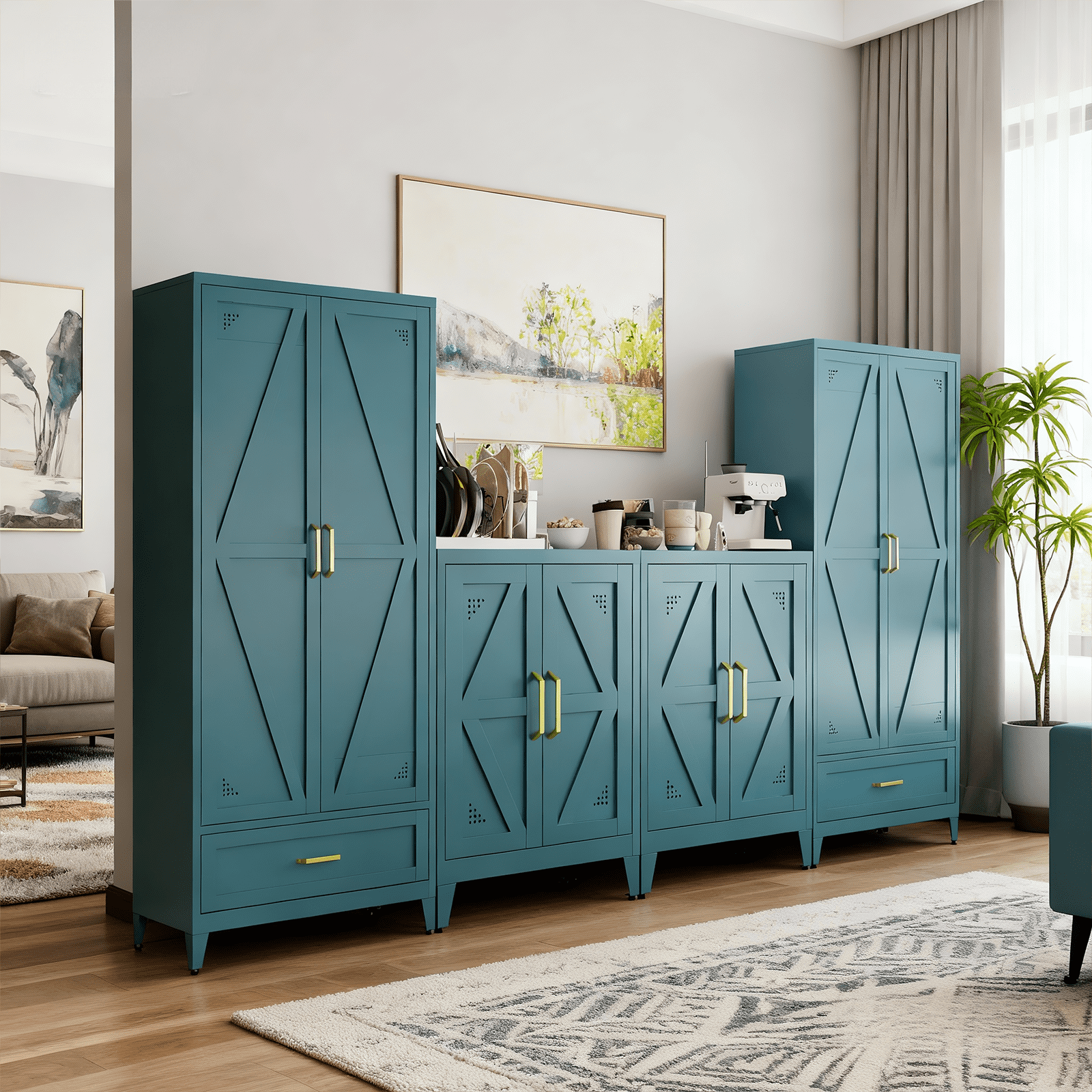 JHYKFG 32"Metal Bathroom Storage Cabinet,Freestanding Sideboard with 2 Adjustable Shelves for Small Spaces, Living Room, Hallway, Dining Room,Blue