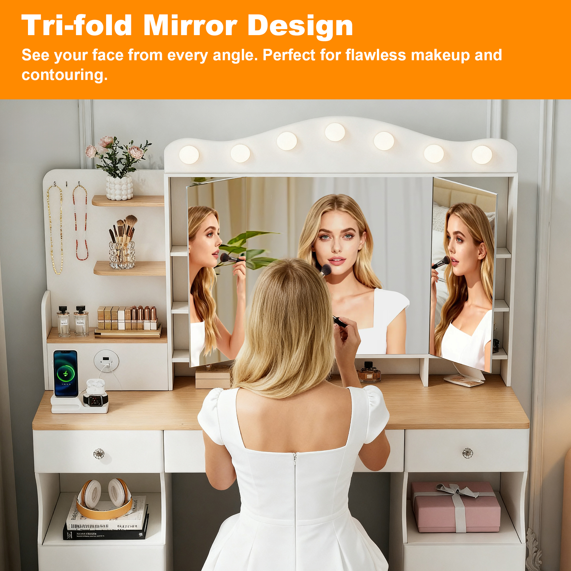 Alvantor Vanity Desk with Tri-Fold Mirror and LED Lights, Makeup Table for Adults with USB Ports and Drawers, White