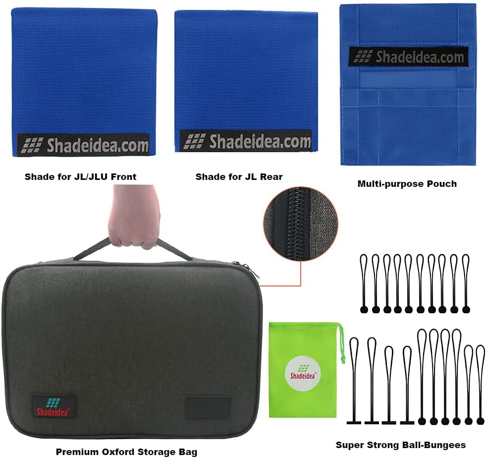 Shadeidea JL Sun Shade for Jeep Wrangler 2 Door Top Sunshade ( 2018 - Current ), Front & Rear - Blue Mesh Screen Wrangler Cover, UV Blocker with Grab Bag Pouch - 10 Years Warranty