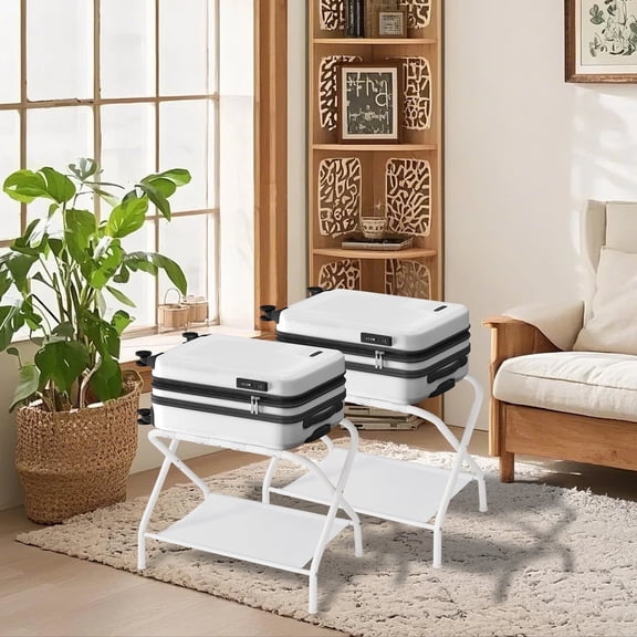 Luggage Racks,Set of 2–Heavy-Duty Foldable Suitcase Stand with Storage Shelf&Non-Scratch Feet,Holds 110 lb,Cloud White