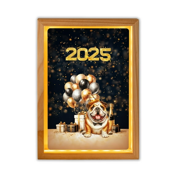 Happy New Year Bulldog Welcome 2025 Balloon Firework Party Acrylic Plaque with Wood Photo Frame Box Dog Lover Gifts Idea Light Box - 01014