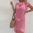 thumbnail image 6 of Maqroz Mesh Cover Up Dress Women Round Neck Cap Sleeve Beach Tunic Flower Decor Fringe Hem Swimsuit Coverup Summer Mini Dress, 6 of 7