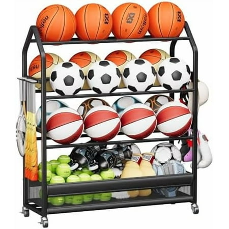 Sports Equipment Organizer Ball Storage Rack Garage Sports Gear Rack with Wheels and Hooks Indoor/Outdoor Shelf Rack for Sports Gear Black$$Sport & Recreation Other