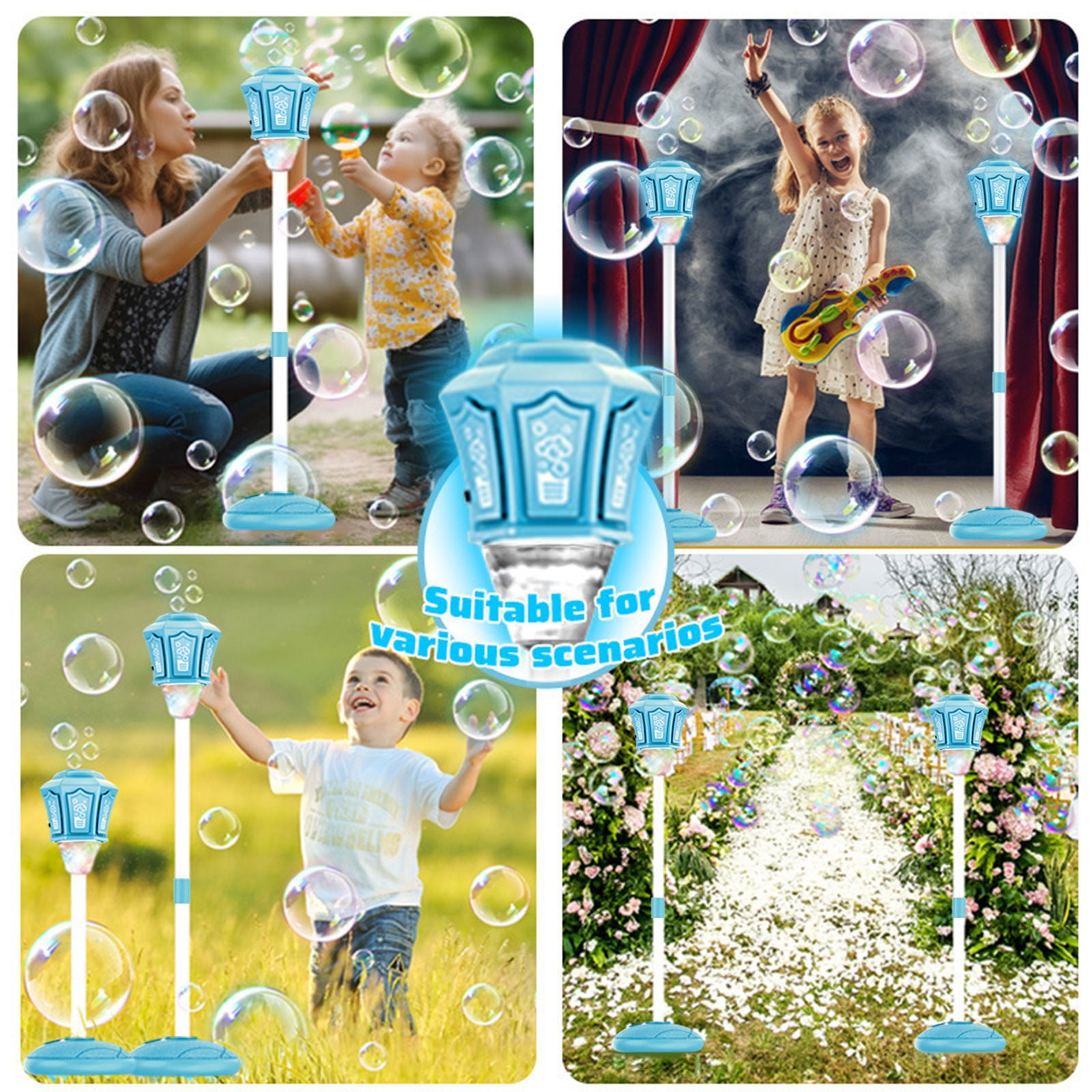 Automatic Bubble Machine Blower, Outdoor Indoor Bubble Maker with Colorful LED Lights and Music, Rechargeable Bubble Blower for Garden Park Parties, 46x8x8 Inches