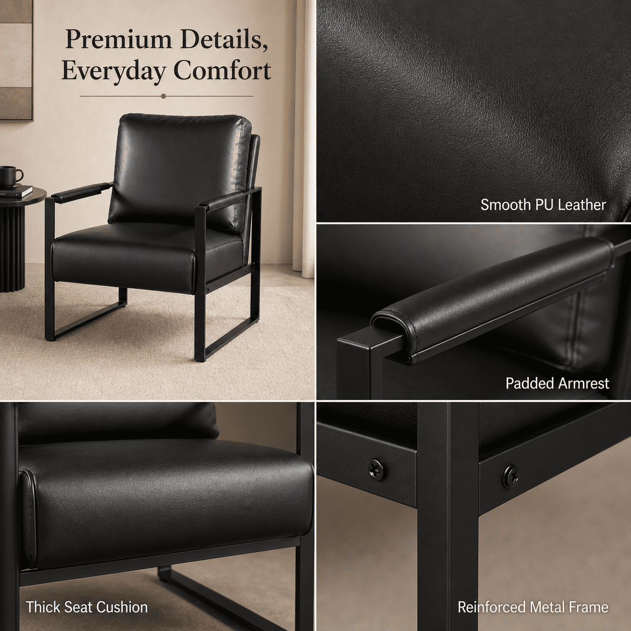 MOONMISS Mid-Century Modern Accent Chair,Black Square Metal Frame with Thick Cushion,Black PU
