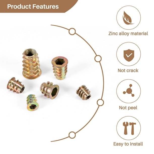 100 Inserts Filetés M4x10mm Ton Bronze - Écrous à Visser Pour Meubles En Bois, Uxcell