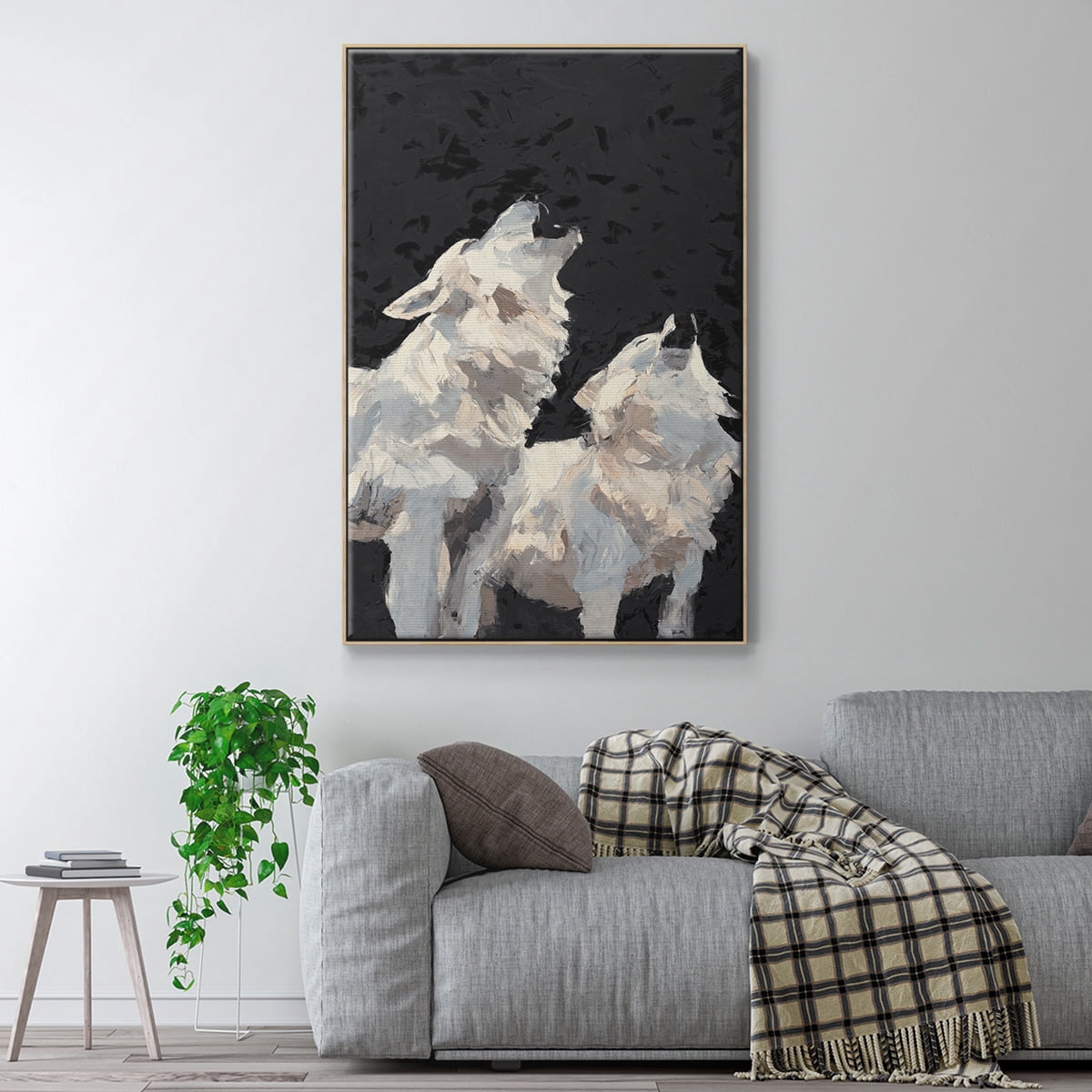 Midnight Wolves Framed Premium Gallery Wrapped Canvas - Ready to Hang - 17 x 25 - Natural Wood Floating Frame
