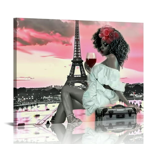 Creowell Framed Black Girl African American Wall Art Decor Women Bathroom Eiffel Tower Abstract Artwork Prints Canvas Painting Pictures For Wall Living Room Bedroom Ready To Hang 20x16 in/16x12 in