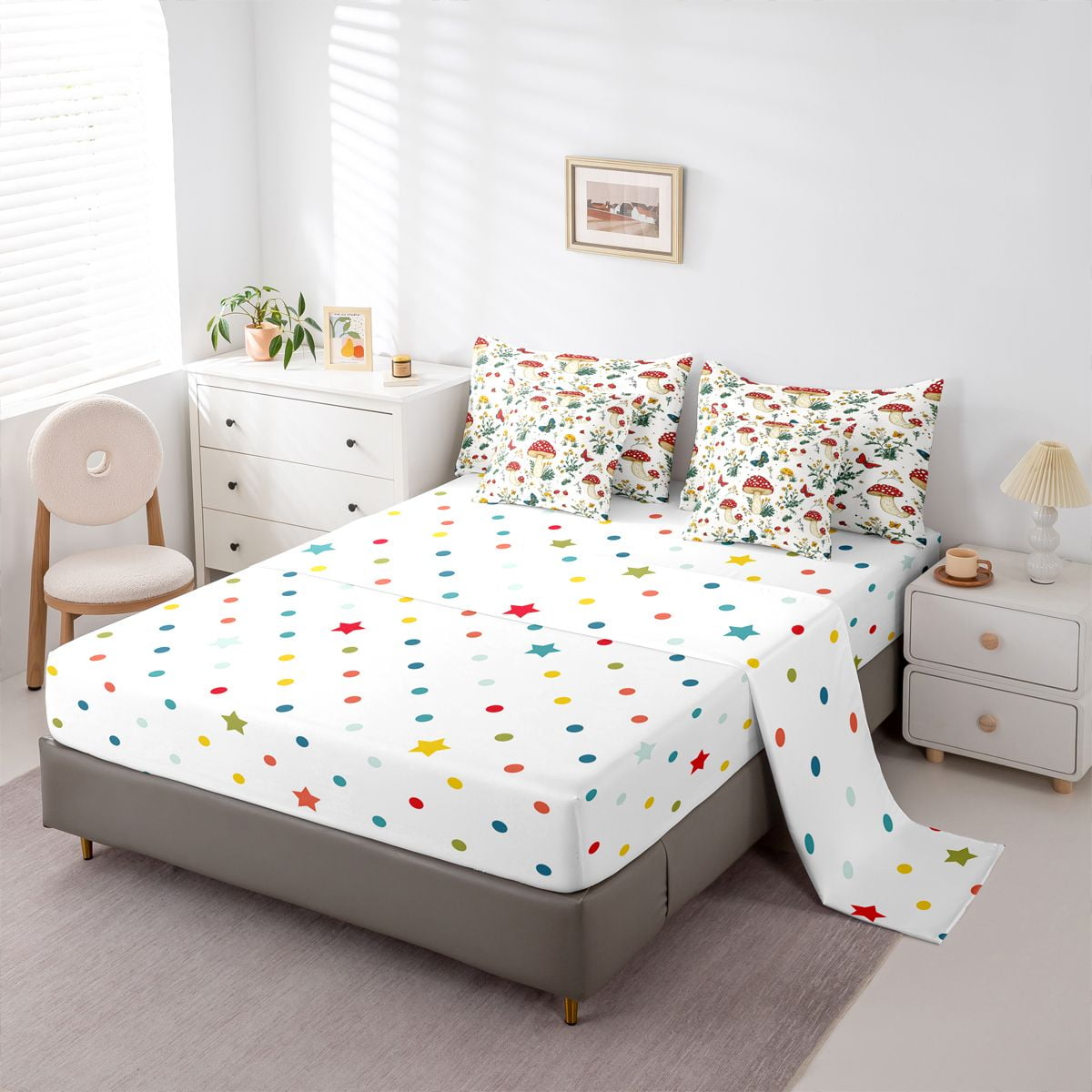Homewish Cartoon Red Mushroom 7pcs Bedding Comforter Set For Kids Teens Female Girls,Flying Colorful Butterflies Queen Bedding Sets Super Cozy,Botanical Plants Queen Sheet Sets