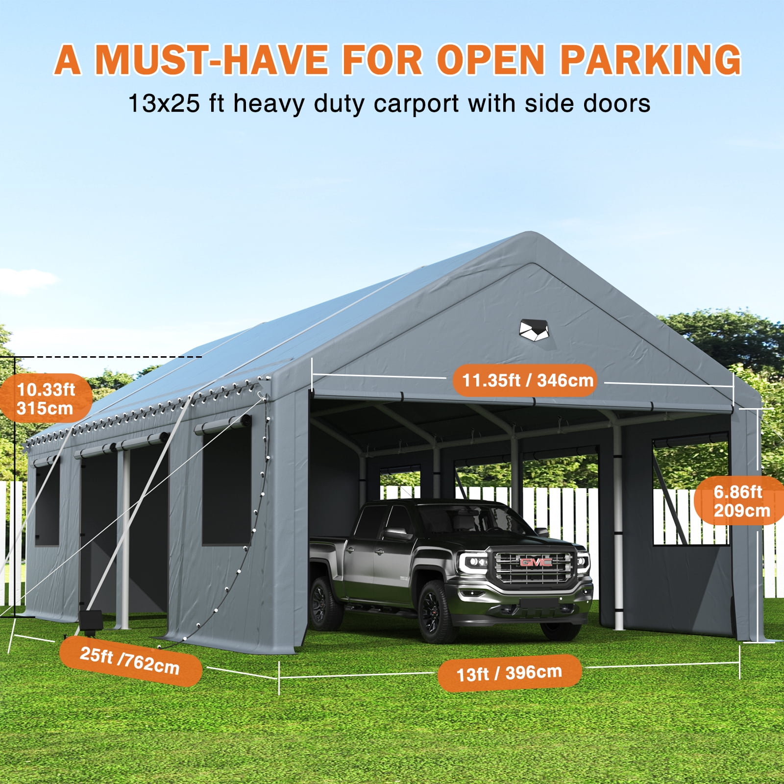 13 ft. W x 25 ft. D Carport Canopy with Side Doors, Heavy Duty Car Ports with Sidewalls, Drive Through Portable Garage, Grey