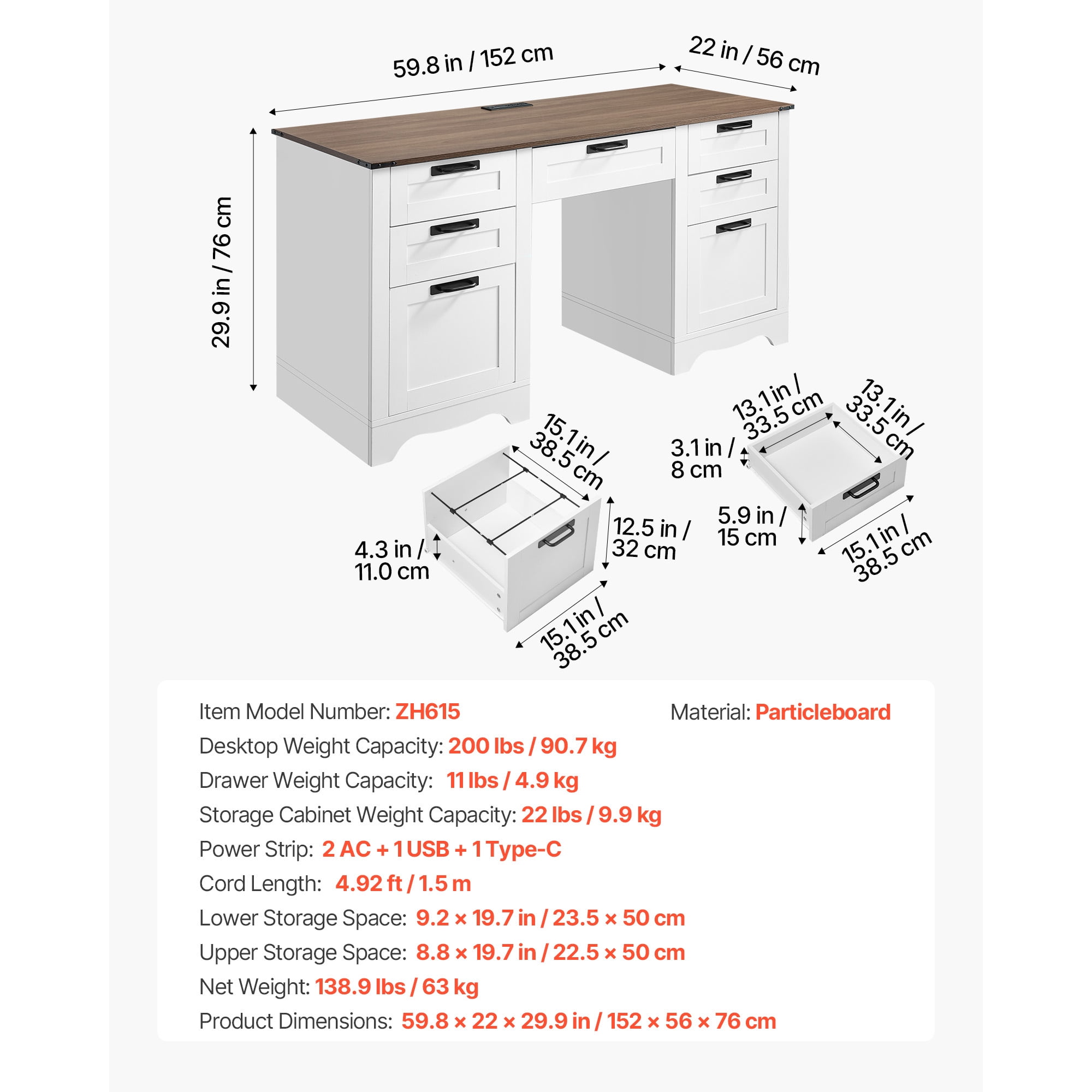 KFFKFF Executive Desk with Charging Station, Sturdy Office Table with Storage Drawers, 200 LBS Weight Capacity, Durable Particle Board Construction, Easy to Assemble, Ideal for Work, Study