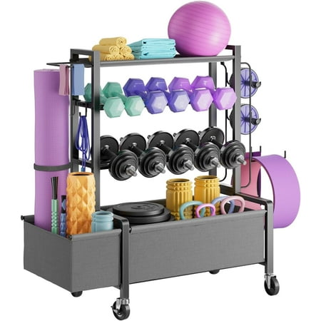 Adjustable Dumbbell Rack, Weight Rack for Dumbbells, Home Gym Storage for Dumbbells Kettlebells Yoga Mat Ball, All in One Workout Equipment Organizer with Caster