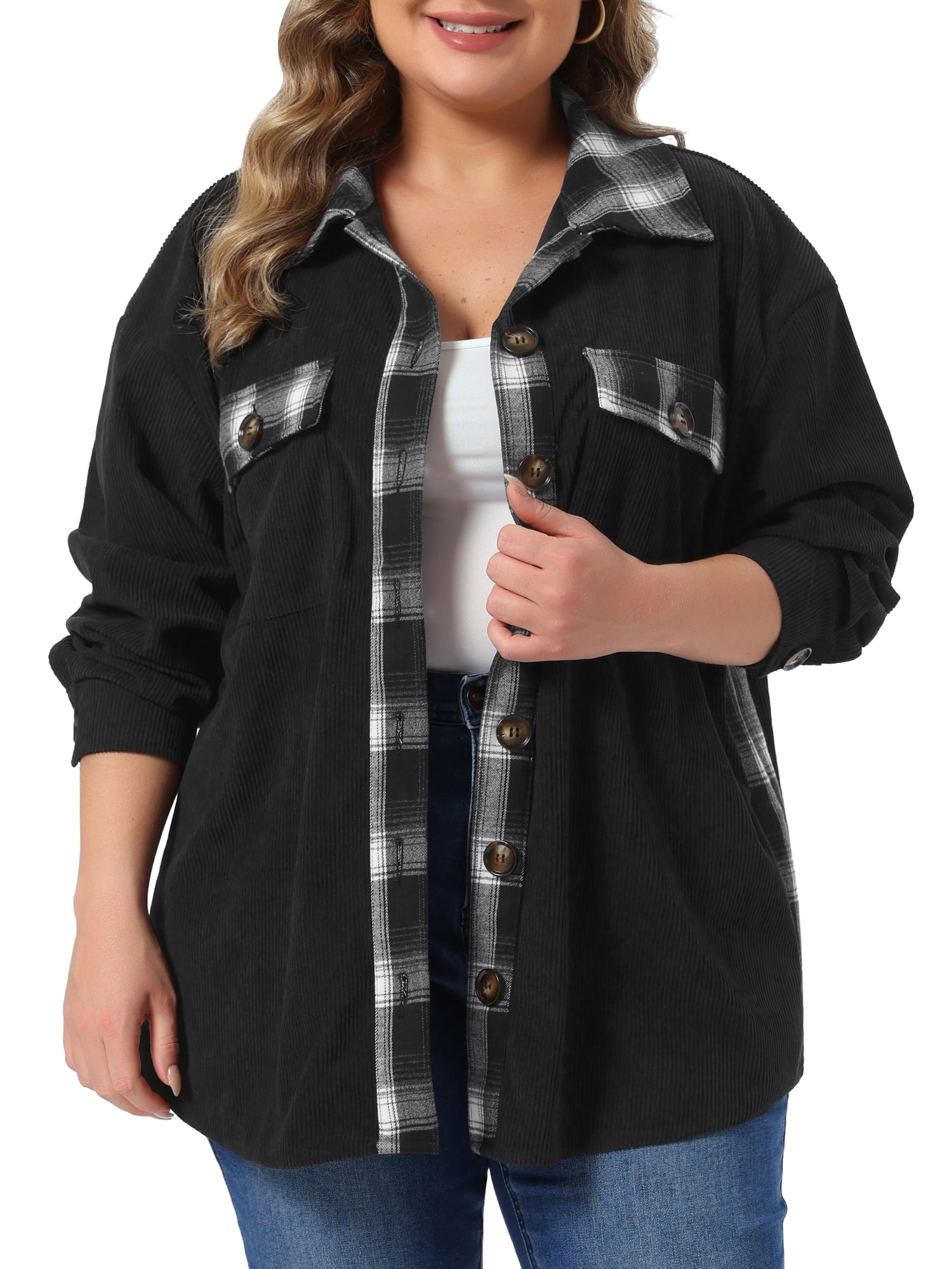 DARING DIVA Women's Plus Corduroy Plaid Long Sleeve Shacket 1X Black