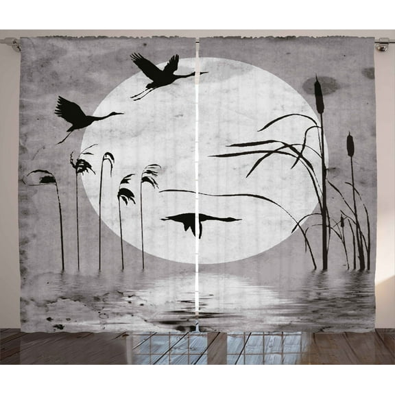 Ambesonne Grunge Curtains 2 Panel Set, Heron Birds, 108" x 96", Black Grey