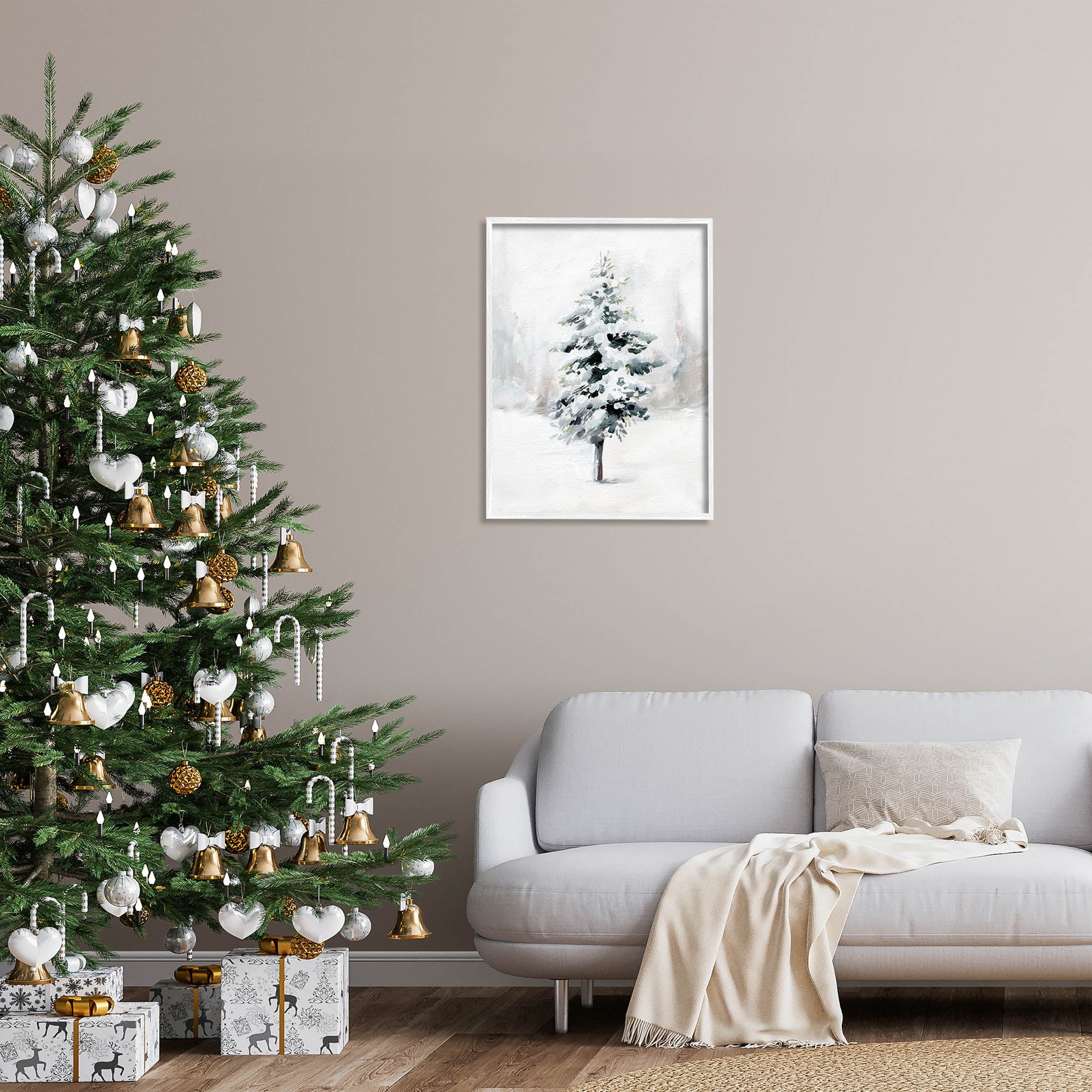 Wintery Snow Tree Scene Holiday Graphic Art White Framed Art Print Wall Art