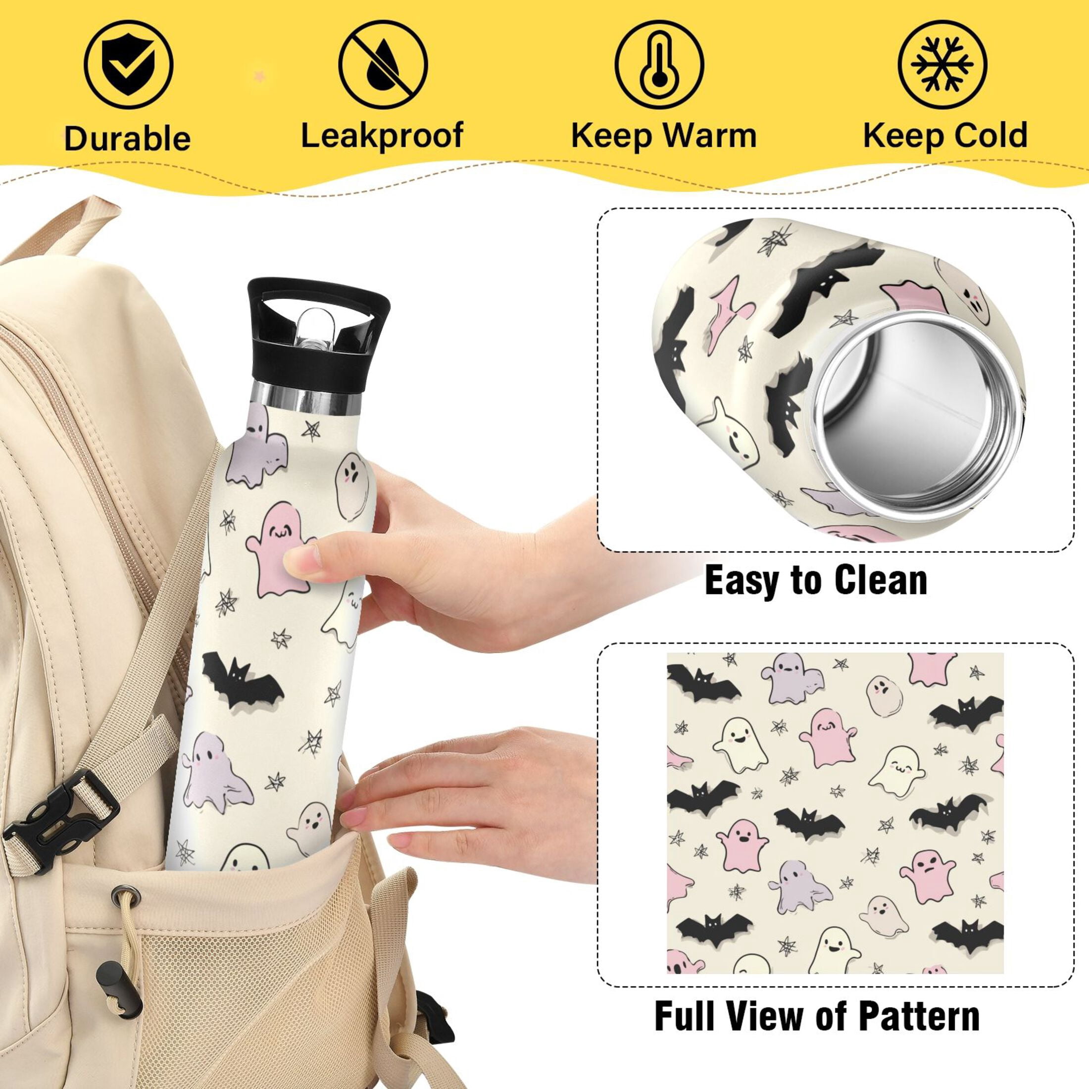 Kids Insulated Stainless Steel Sports Water Bottle 600ml (20oz) Cute Pastel Ghosts Pattern