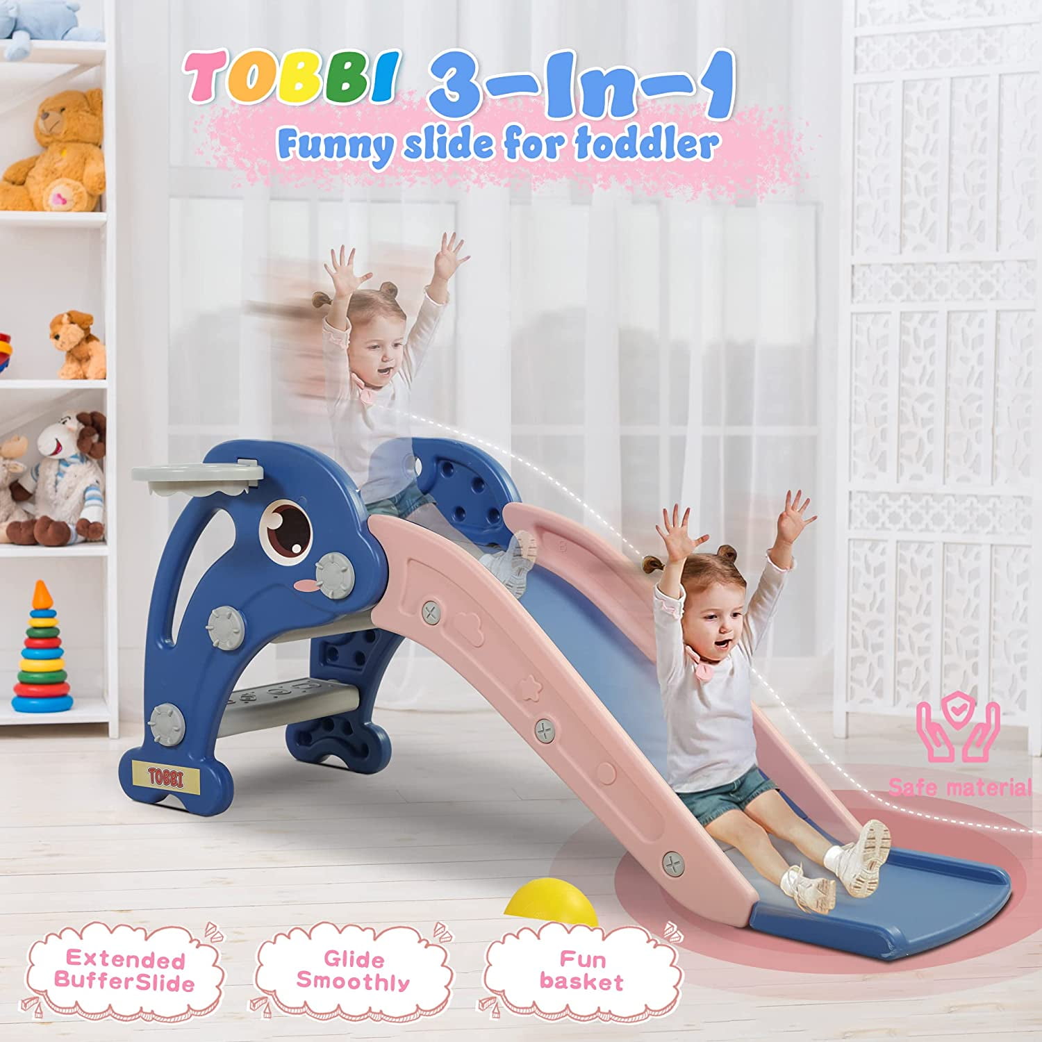 CIPACHO Kids Slide for Indoor and Outdoor, Freestanding Slide for Toddler Playground Slipping Slide Climber Toy Playset with Basketball Hoop & Ball, Blue CIPACHO Kids Slide for Indoor and Outdoor, Freestanding Slide for Toddler Playground Slipping Slide Climber Toy Playset with Basketball Hoop & Ball, Blue