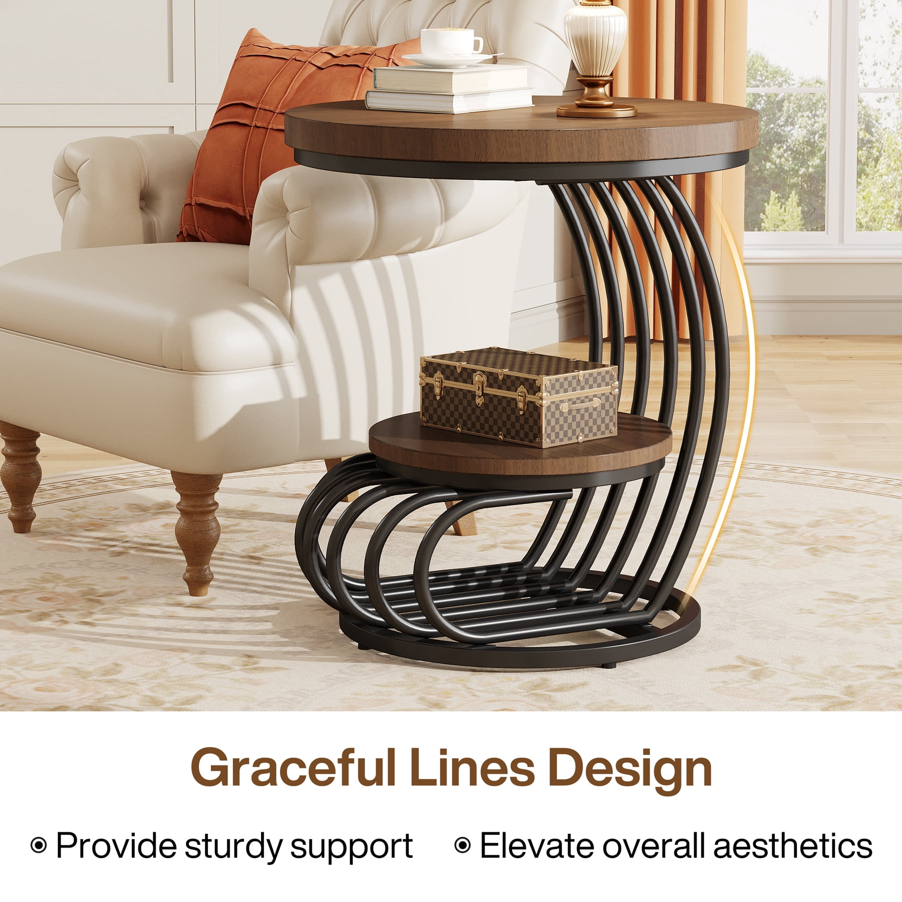 Fnova End Table Modern Wood Narrow Farmhouse Side Tables with Storage Shelf for Living Room, Bedroom, Nightstand