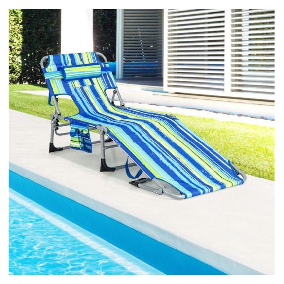Yunken Folding Beach Lounge Chair with Pillow for Outdoor, Adjustable Backrest with Cup Holder, Durable Fabric for Comfortable Sunbathing and Relaxation