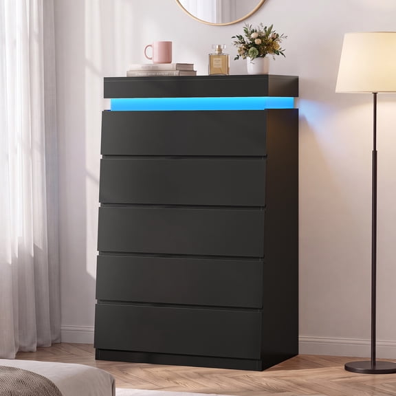 5 Drawer Dresser Black Dresser for Bedroom, Simply Modern Chest of Drawers, Wood Storage Dresser with LED Light for Living Room Hallway Entryway, Black