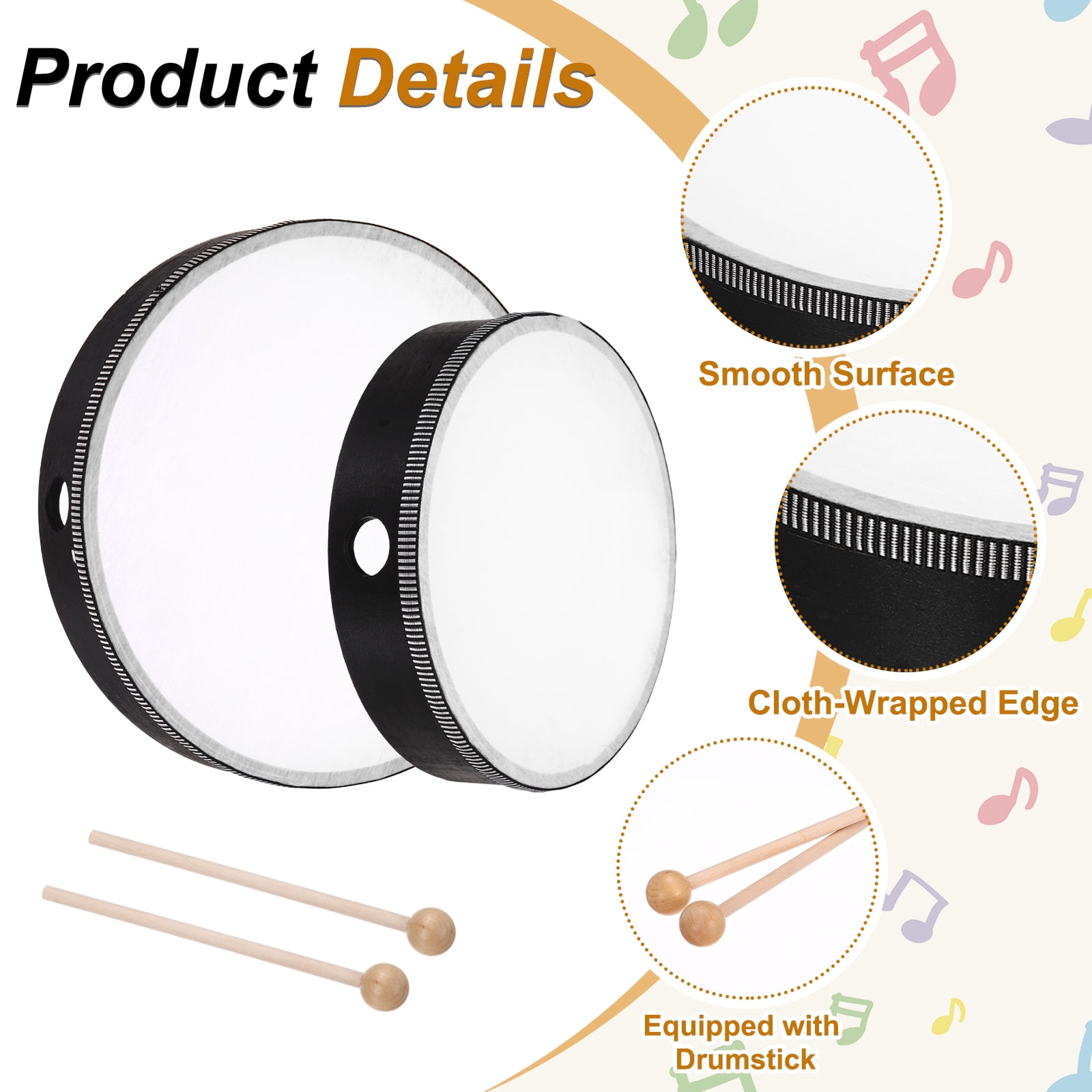 Uxcell 2 Pcs Hand Drum Music Percussion 10 Inch & 8 Inch Wood Frame Drum Set with Drum Stick Musical Instrument for Musical Education Home Party Performance Supplies (Black)