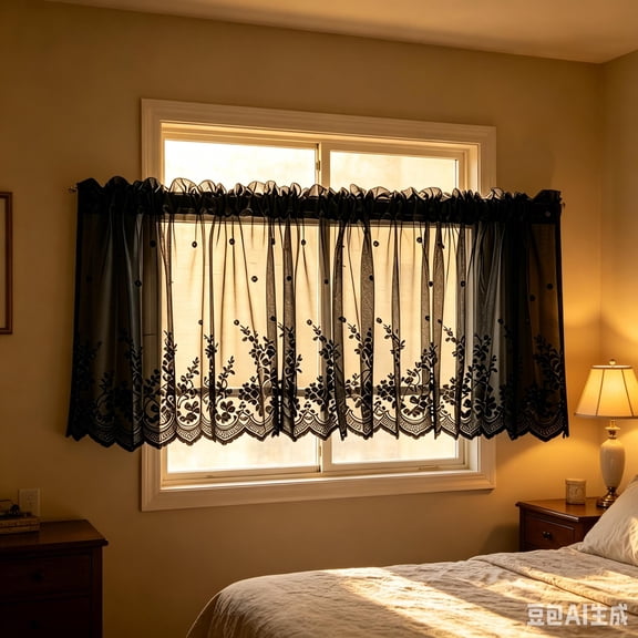 51" × 16" Embroidered Lace Sheer Kitchen Curtain Valance, Rod Pocket Floral Window Treatment for Small Windows