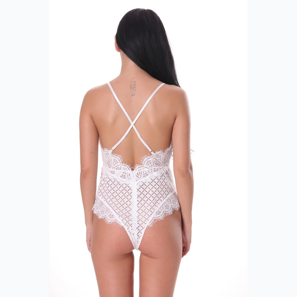 Women Lingerie Plus size Lace Teddy eyelash lace diamond lattice Jumpsuit One Piece Lace Bodysuit White Large