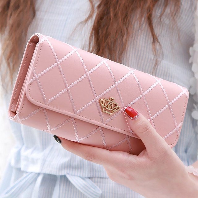 Cartera japonesa y coreana para mujer, larga, multifuncional, con hebilla de corona romboidal, para estudiantes, bolso para teléfono móvil de gran capacidad