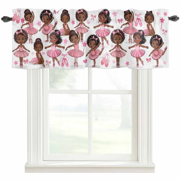 Pink Ballet Dancer Rod Pocket Curtain Valance, Cute Cartoon Girls Bow-knot Love Star Farmhouse Window Valance for Living Room, Bedroom, Kitchen 60"W x 18"L