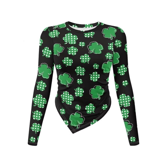 Xoenoiee Shamrock Polka Point Print Women's Long Sleeve T Shirts Crew Neck Slim Fit Tops Dressy Ruched Basic Tee St. Patrick's Day Y2k Going Out Shirts Irregular Hem Blouser, Size S