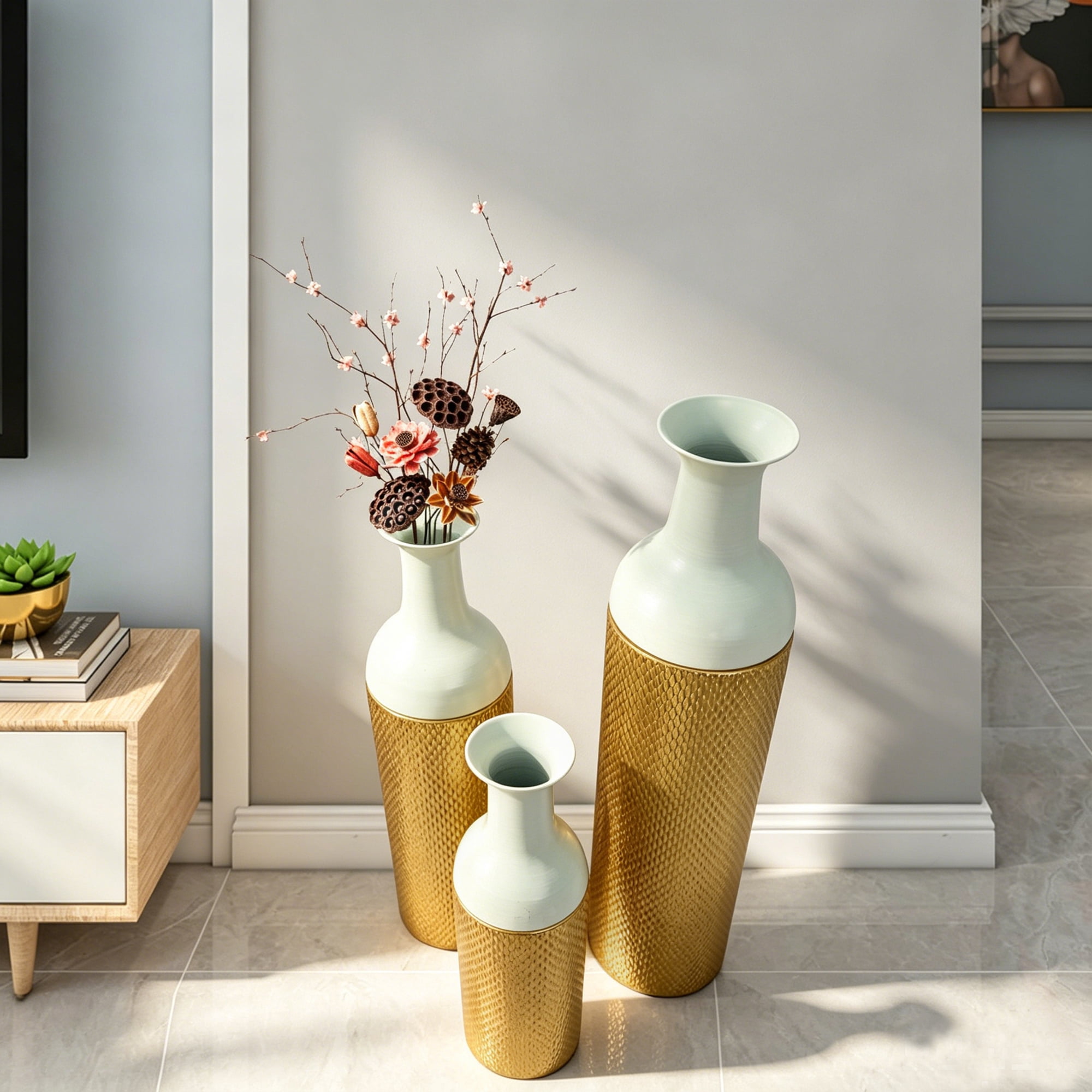 Leumius Decorative Metal Vases Set of 3, Gold Leaf Pattern Floor Vases, White & Gold Tall Vases for Home Decor, Living Room Entryway Decor