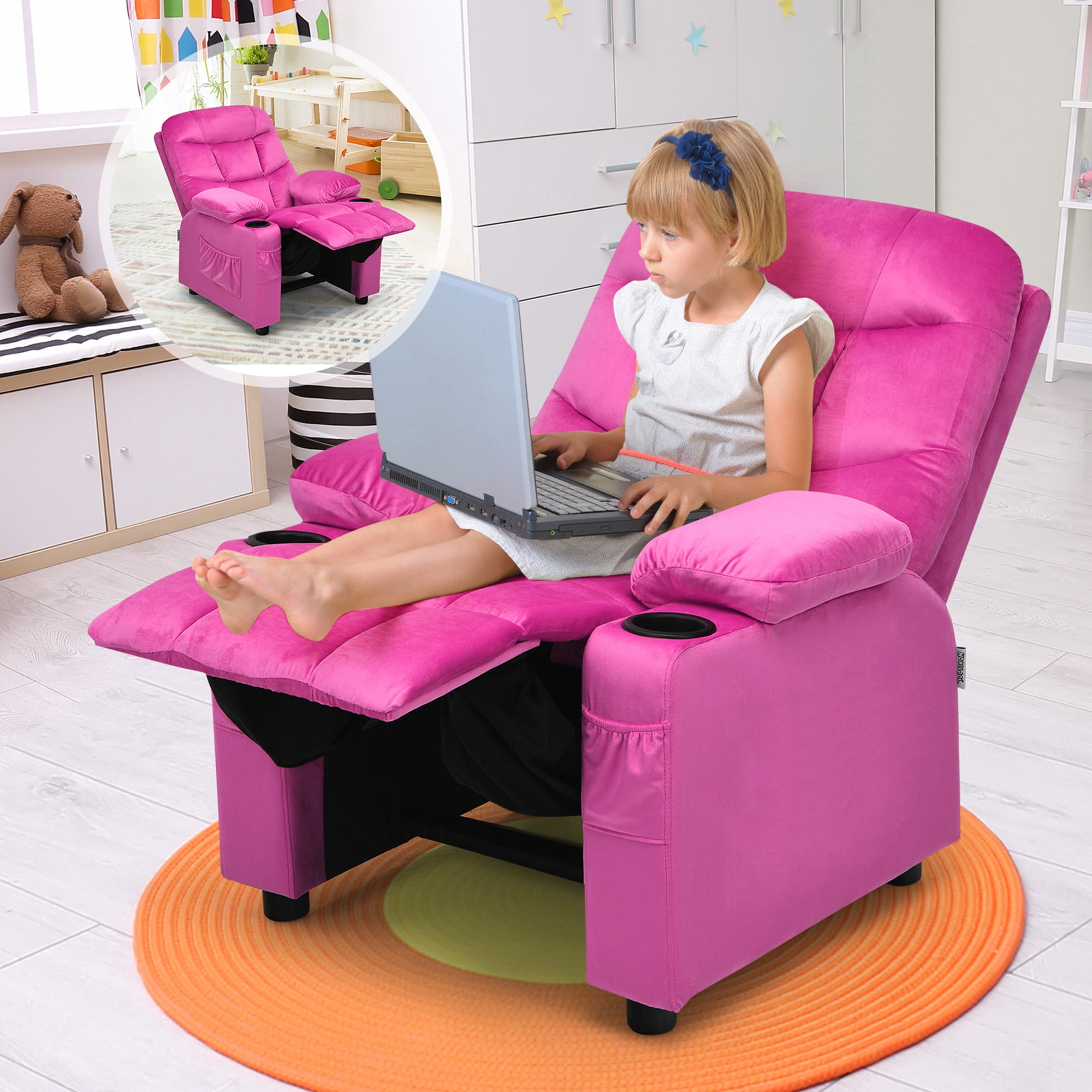 Gymax Kids Youth Recliner Chair Velvet Fabric w/Cup Holder & Side Pocket Pink