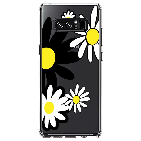 DistinctInk Clear Shockproof Hybrid Case for Samsung Galaxy Note 8 - TPU Bumper Acrylic Back Tempered Glass Screen Protector - Black & Yellow Modern Daisies