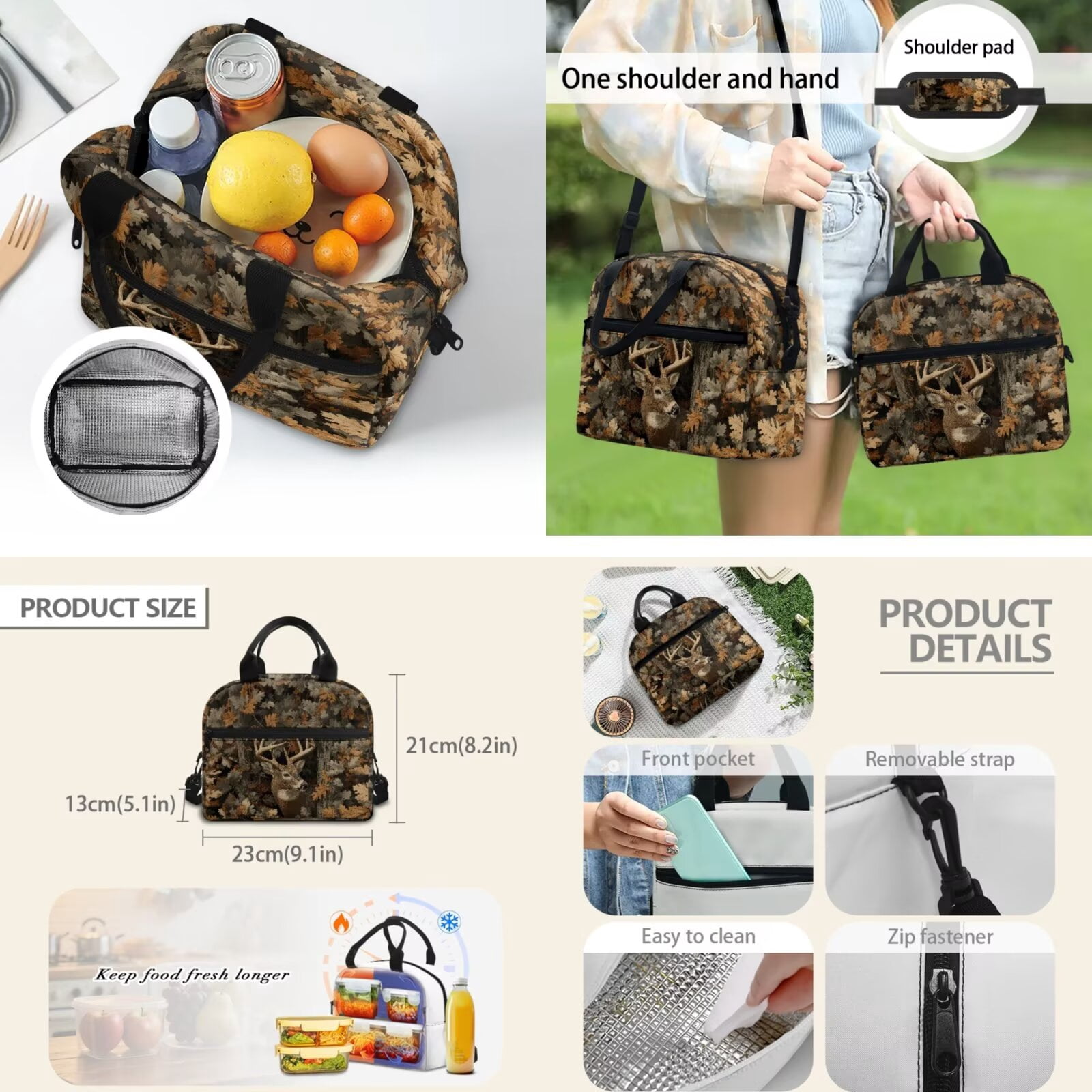 Pzuqiu Camouflage Deer School Backpack for Kids Backpacks Girls Backpack with Lunch Box Pencil Bag 2pcs Bookmark 4 pcs Bookbag for Elementary School Large Travel Back Pack
