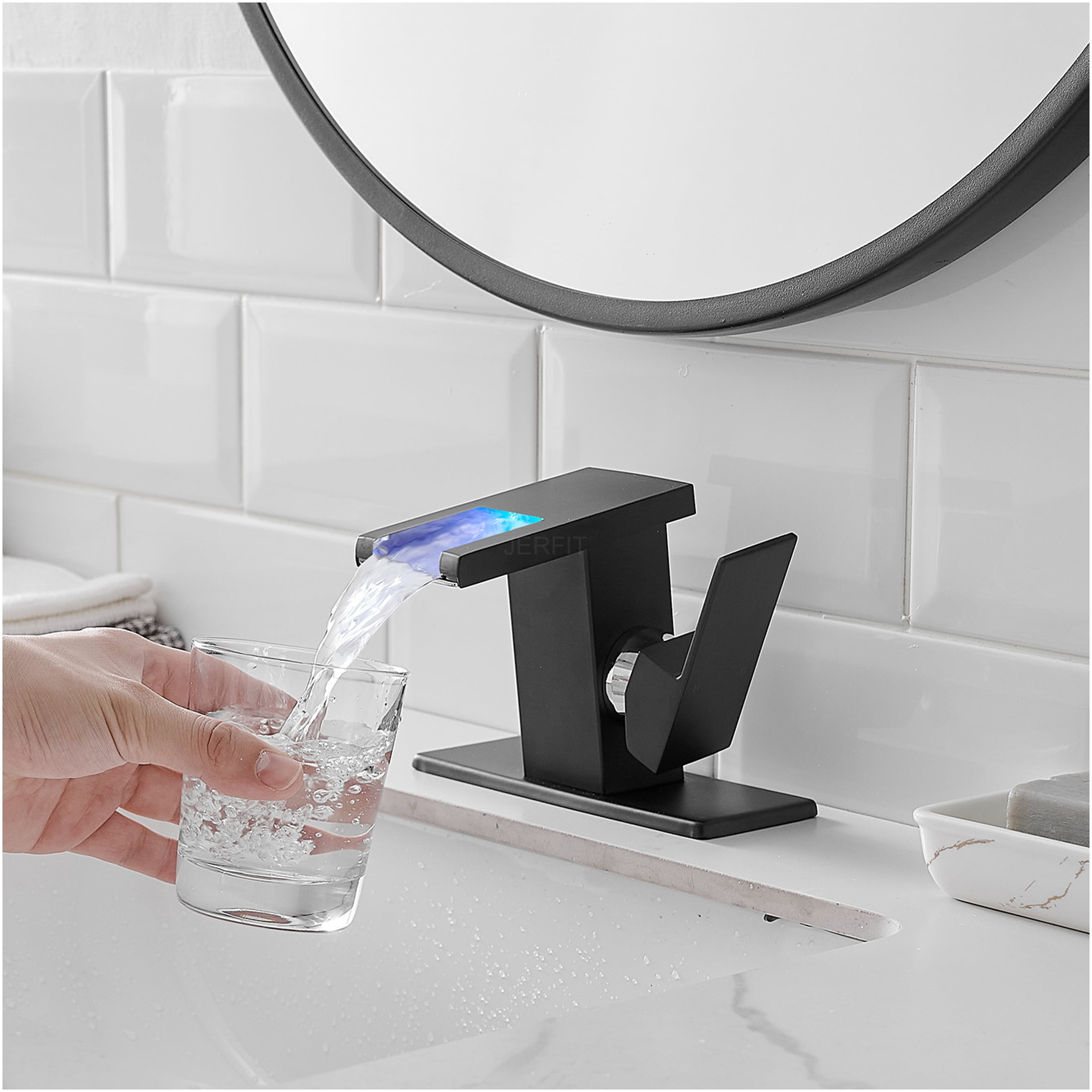 JERFIT 1-Hole LED Waterfall Bathroom Sink Faucet, Single Handle Black Brass Faucet with Temperature Sensing Light for Vanity Basin