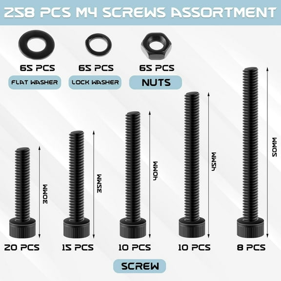 GHRTGR-258 Pcs M4 Screws M4 x 30mm /35mm /40mm /45mm /50mm Screws Kit Metric Bolts Assortment Nuts and Bolt Assortment Kit, 12.9 Alloy Steel Black Zinc Plated Screws Nuts Bolts and Washers Set